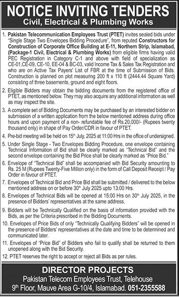 Pakistan Telecom Employee Trust Islamabad Tender Notice